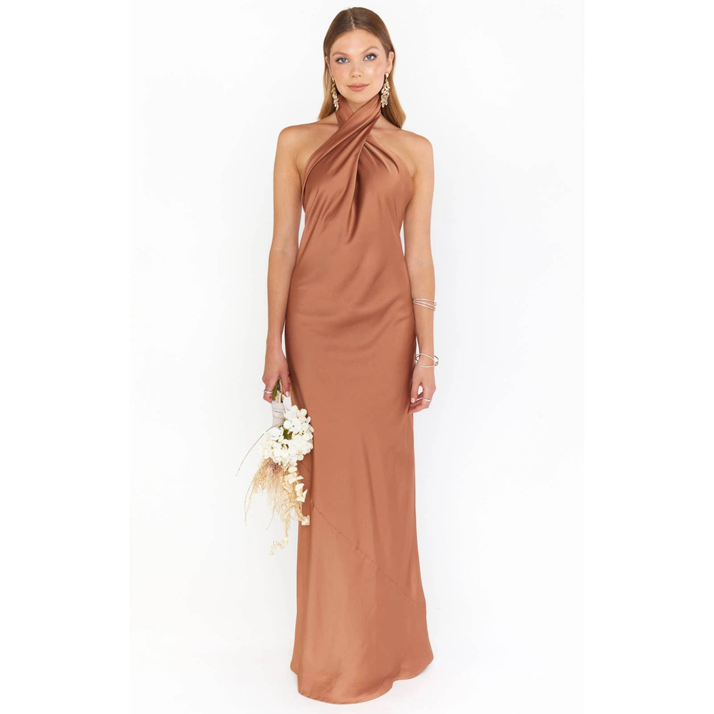 Show Me Your Mumu Jasmine Halter Maxi Dress in Copper Luxe Satin L NWT - Picture 4 of 10